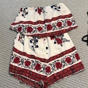 Reverse Cream Strapless Floral Romper with Red & Navy Print